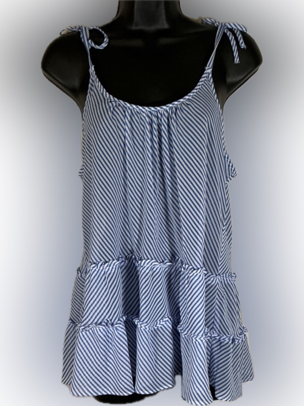 Oscar de la Renta Blue White Stripe Ruffle Tie Shoulder Tank Top Size Small